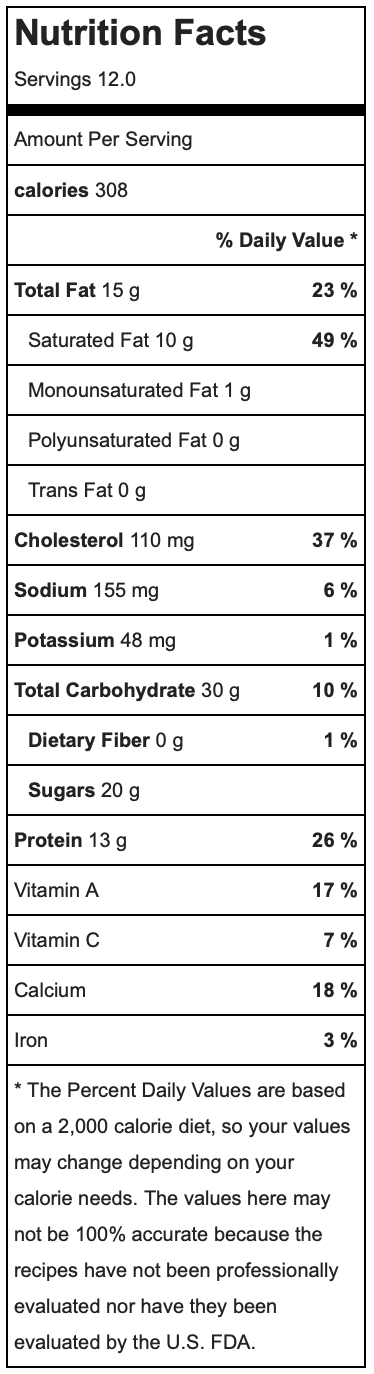 Nutritional information for Cream Cheese Cake