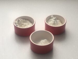 Three dishes with flour, cornstarch, and baking powder